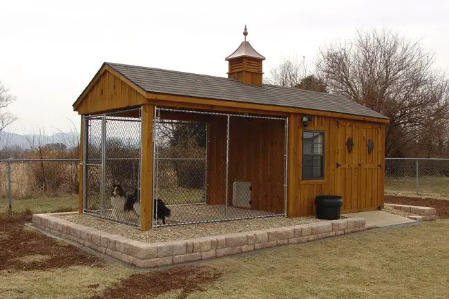 a large dog kennel house outdoors with dogs inside
