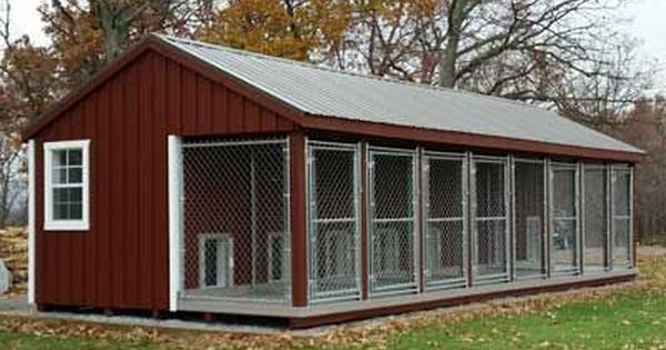 large red dog kennel in yard