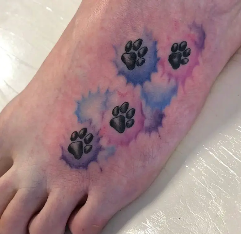 four small paw print with watercolor tattoo on the feet