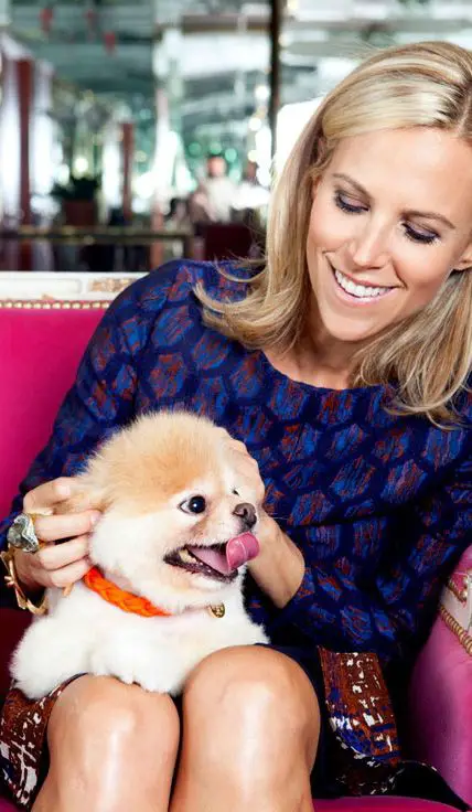 Tory Burch sitting on the couch with a pomeranian on top of her lap