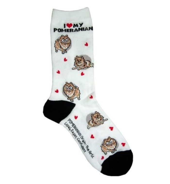 white socks deisgn with Pomeranian and red hearts