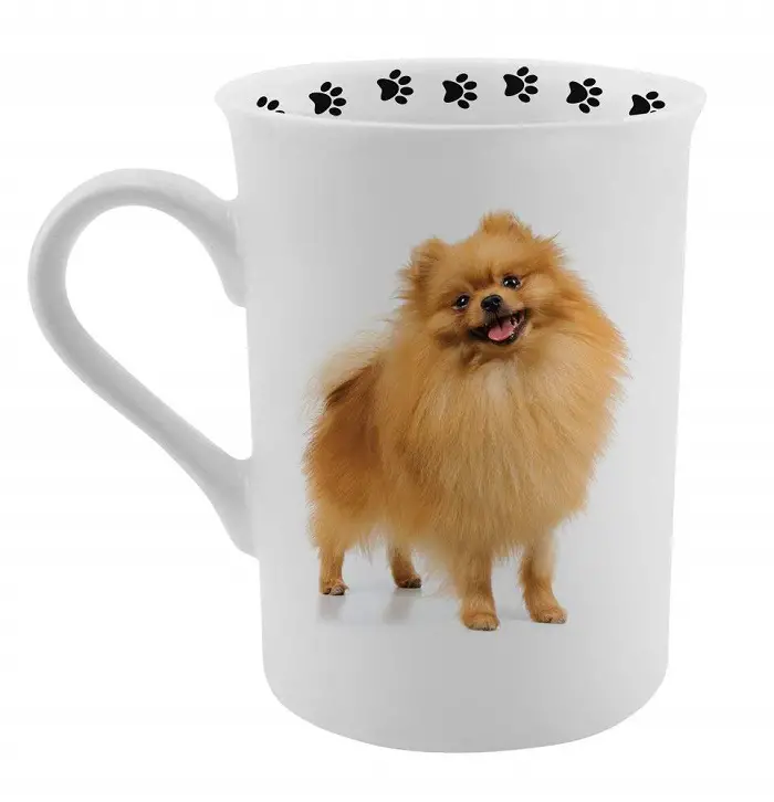 a white coffee mug printed with a happy Pomeranian with a line of paw prints inside the mug