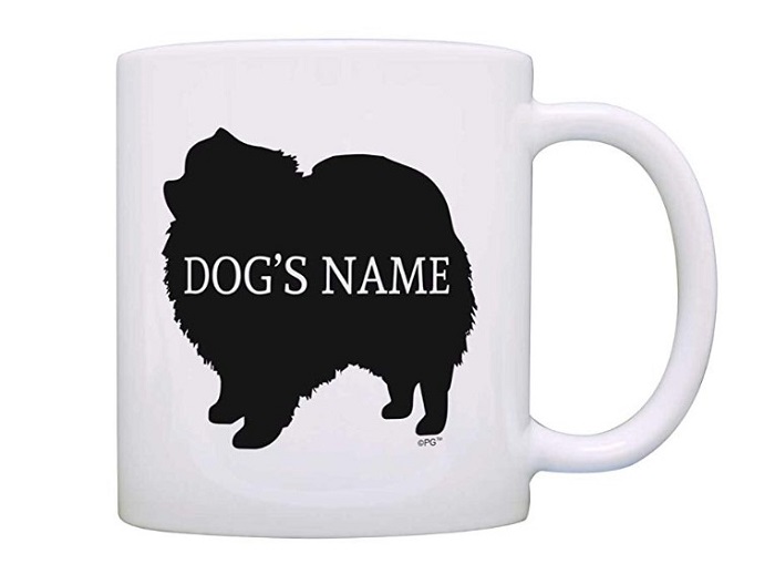 white coffee mug designed with a silhouette of a standing Pomeranian with a text-Dog's Name