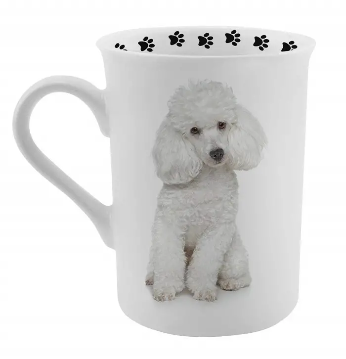 white mug printed with a sitting white poodle