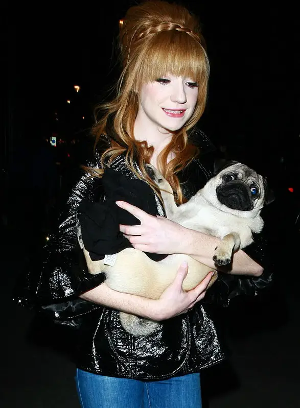 Nicola Roberts carrying her Pug