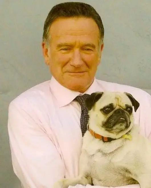 Robin Williams with his pug in his arms