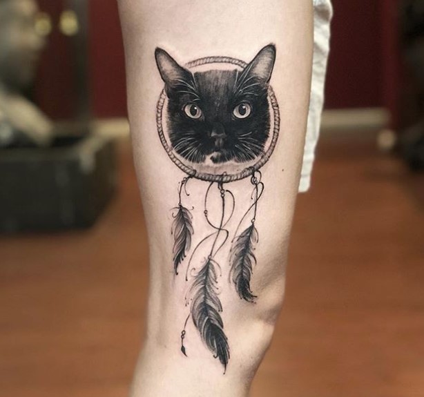 face of black cat in a dream catcher