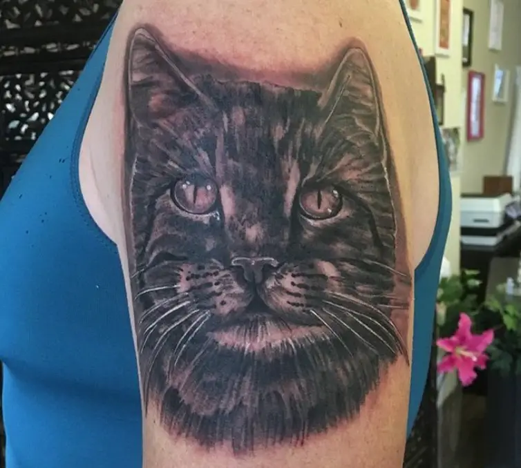 3D face of Realistic Cat Tattoo on the shoulder