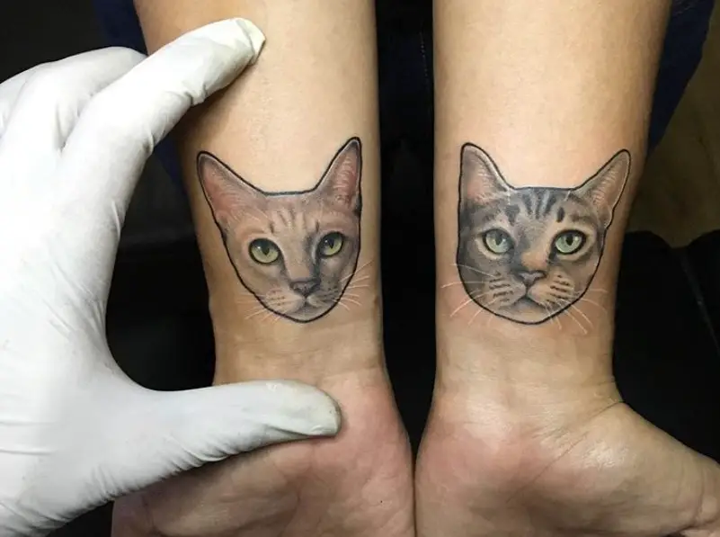 face of Realistic Cat Tattoo on both wrists