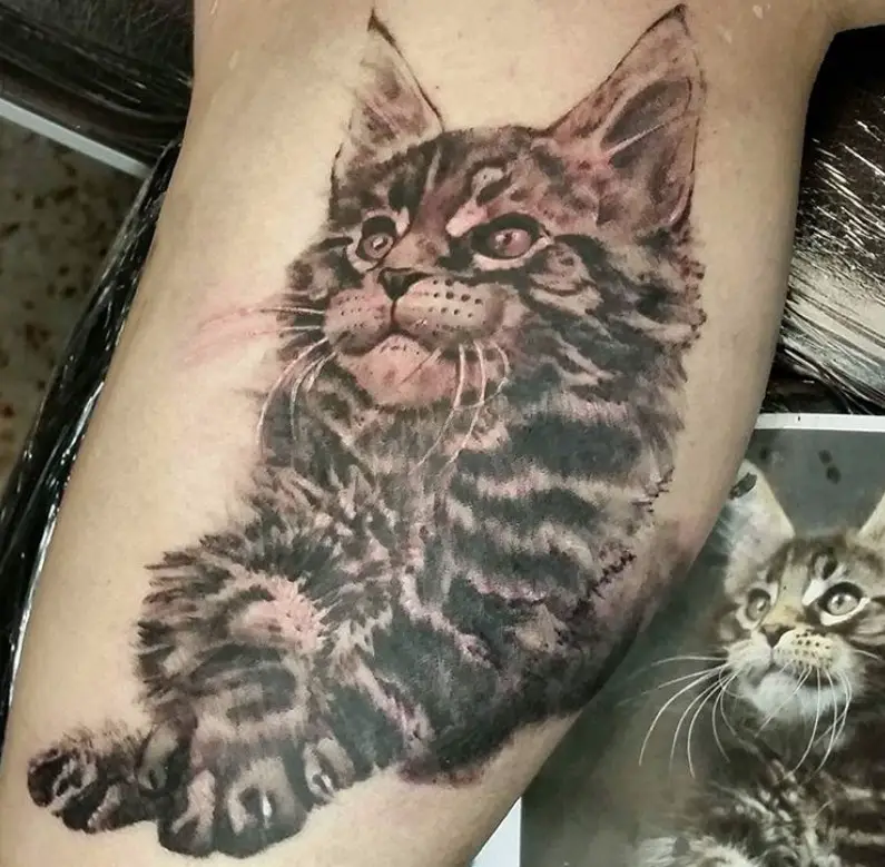 Realistic black Cat Tattoo on the leg