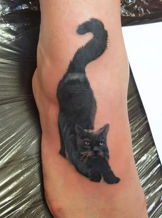 stretching Realistic black Cat Tattoo on the feet