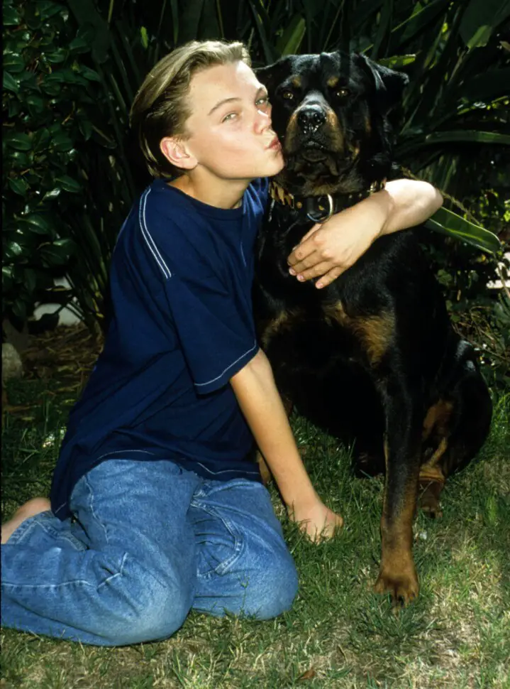 young Leonardo DiCaprio sitting on the grass beside his Rottweiler while putting his arms around his dog and kissing him on the cheeks
