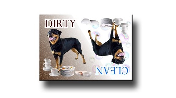 A dishwasher magnet with a dirty and clean Rottweiler