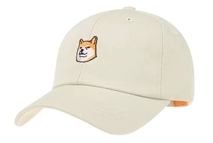 A baseball cap embroidered with the face of a Shiba Inu