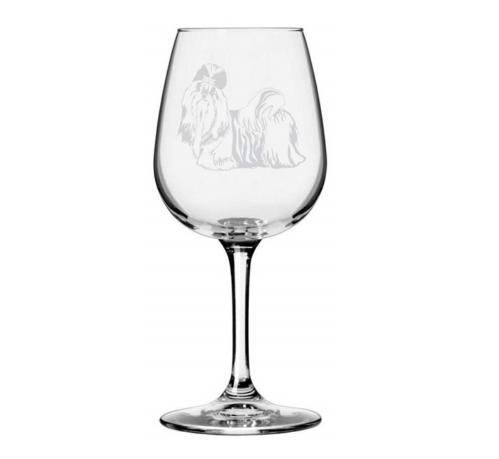 A Shih Tzu etched wine glass