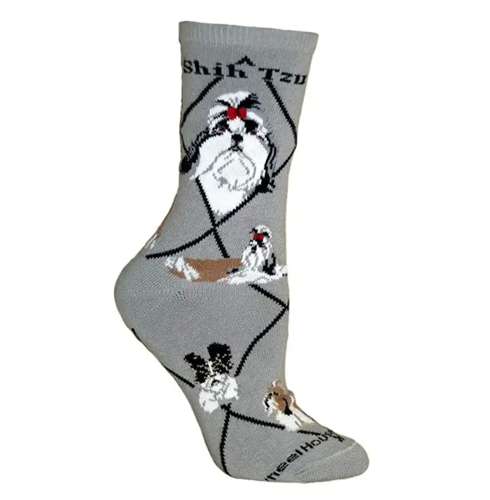 A gray women's socks with Shih Tzu pattern