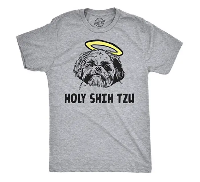 A gray shirt printed with Shih Tzu and words - Holy Shih Tzu