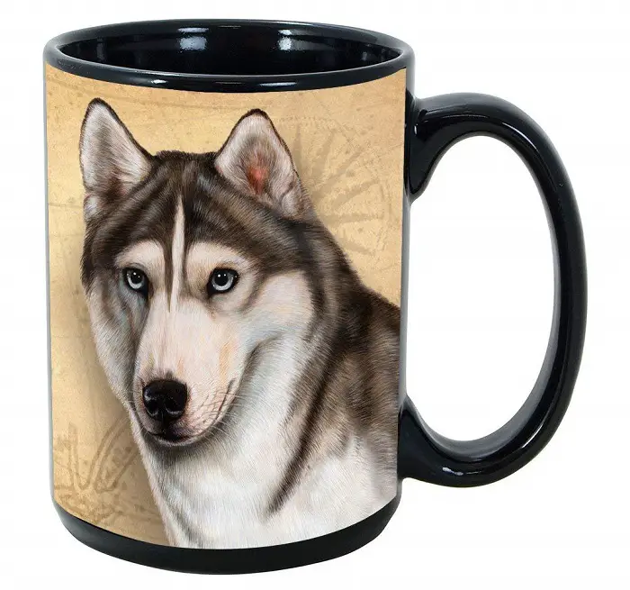 black mug printed with a Siberian Husky