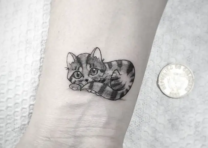 curled up Small Cat Tattoo on the wrist
