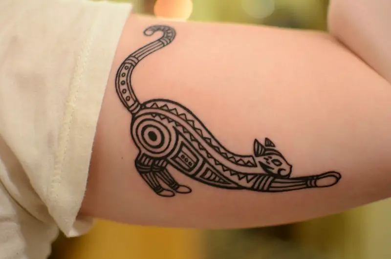 A stretching Tribal Cat Tattoo on the soulder