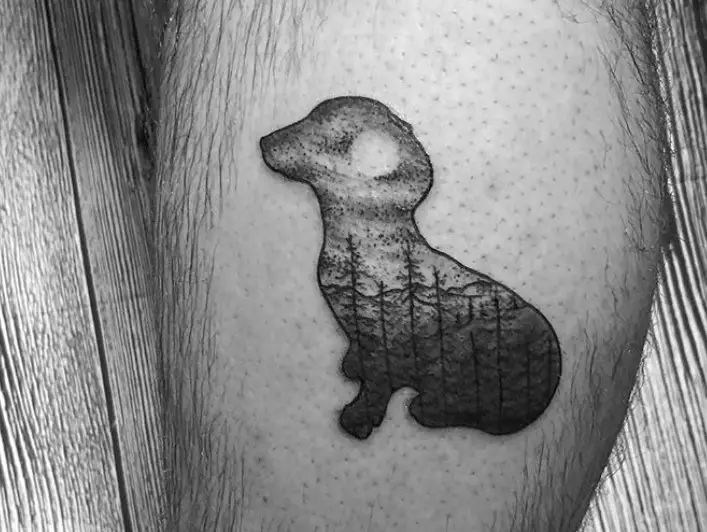 night sky in palm trees Wiener Dog tattoo on the leg