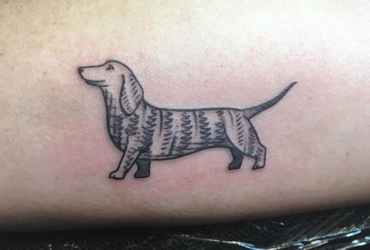 furry Wiener Dog standing sideways tattoo