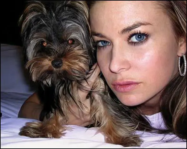 Carmen Electra taking a selfie while lying on the bed with her Yorkshire Terrier