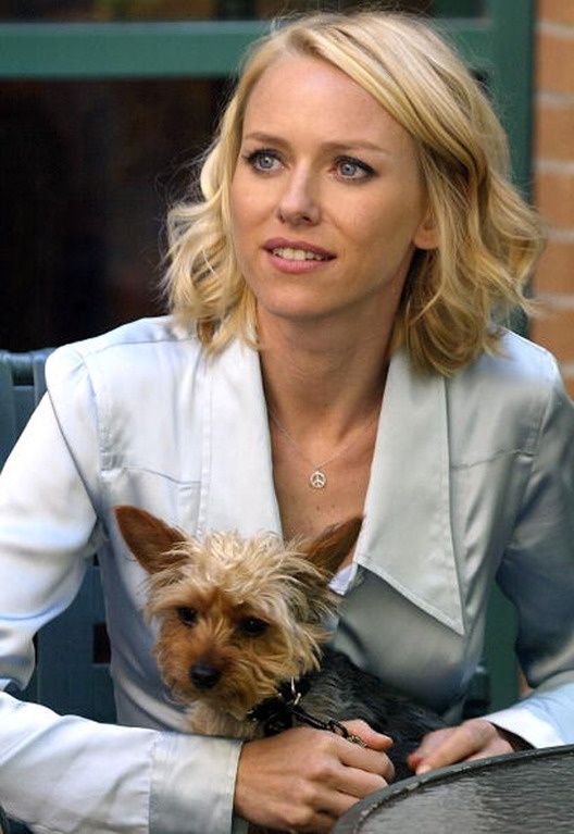 Naomi Watts sitting on the chair with her Yorkshire Terrier in her lap