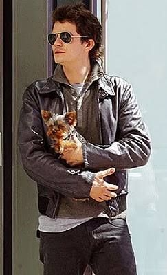 Orlando Bloom holding his Yorkshire Terrier while looking sdieways