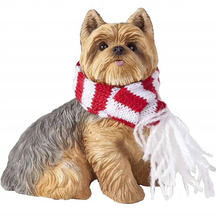 A Yorkshire Terrier wearing a scarf christmas ornament
