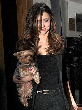 MIRANDA KERR walking while holding her Yorkshire Terrier