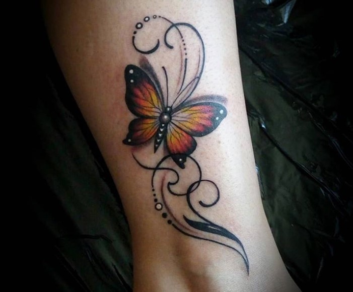 3D monarch butterfly with curve lines tattoo on ankle