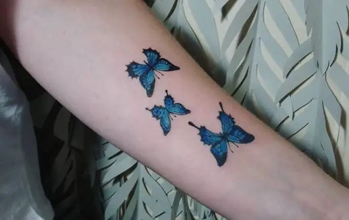Three blue butterflies tattoo on forearm.