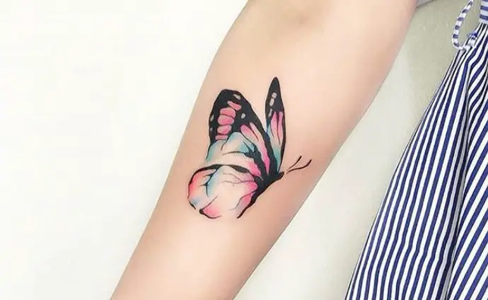 watercolor butterfly tattoo on forearm