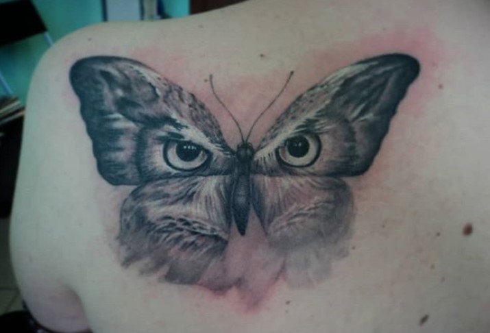 Butterfly with owl eyes tattoo on the back