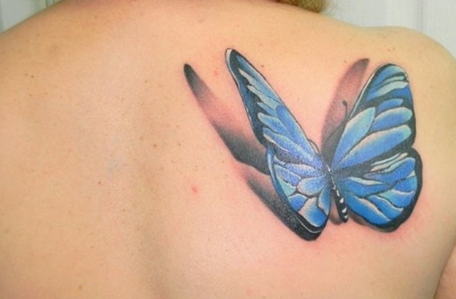 3D blue butterfly tattoo on back