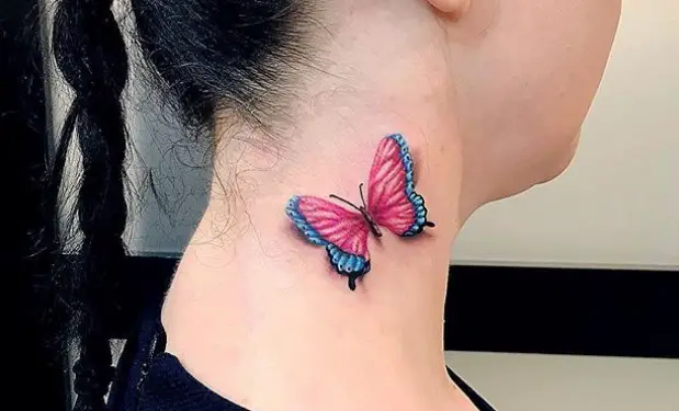 Pink and blue butterfly tattoo on neck