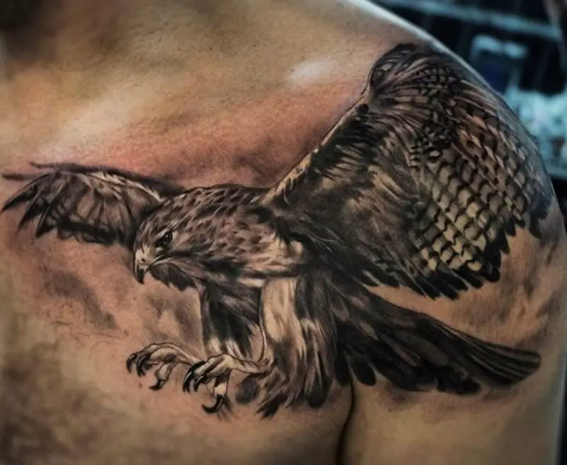 3D black and gray flying Eagle Tattoo on the chest