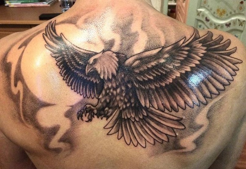 3D black and gray flying Eagle Tattoo on the back