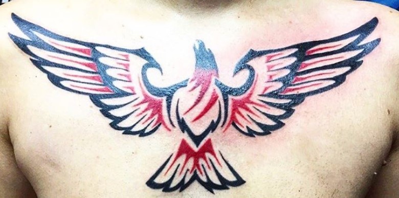 black and red tribal Eagle Tattoo no the chest