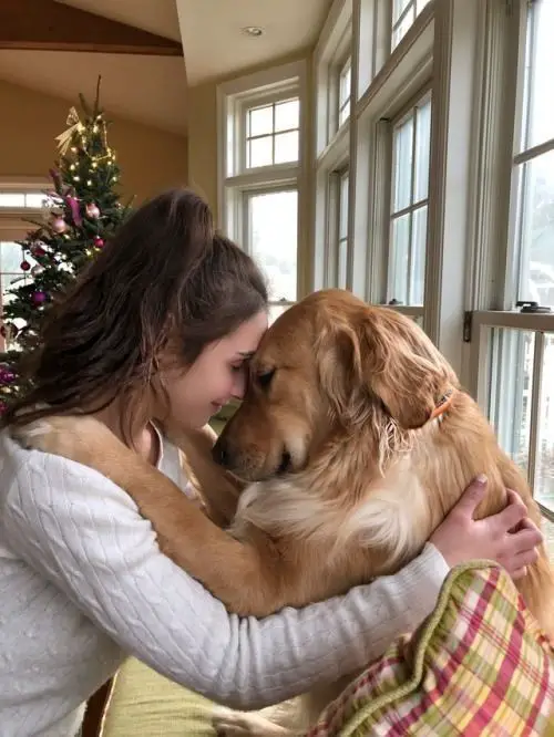 A woman pressing her forehead towards the forehead of a Golden Retriever sitting by the window in front of her and while hugging each other