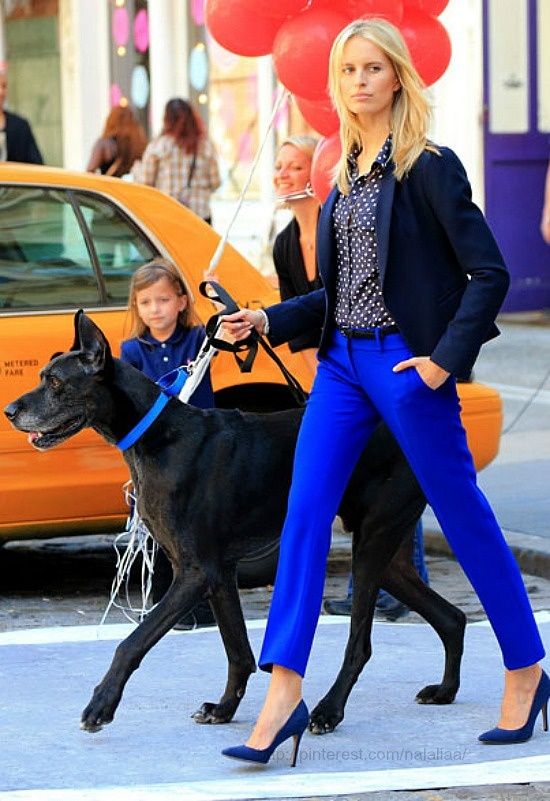 Karolina Kurkova crossing the street with a Great Dane