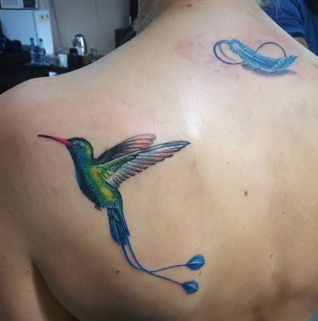 vibrant colored hummingbird tattoo on back
