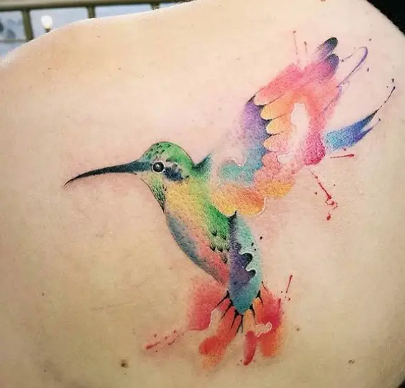 large hummingbird watercolor tattoo on the back