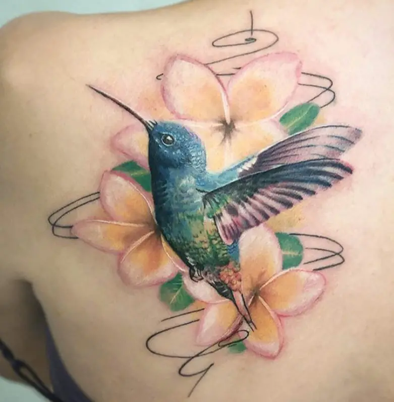colorful hummingbird with flower background tattoo on shoulder