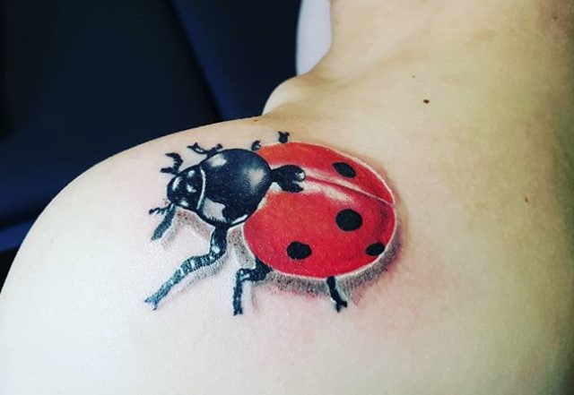 Big 3d ladybug tattoo on shoulder.