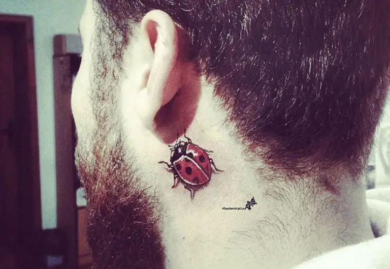3D Ladybug tattoo behind ear.