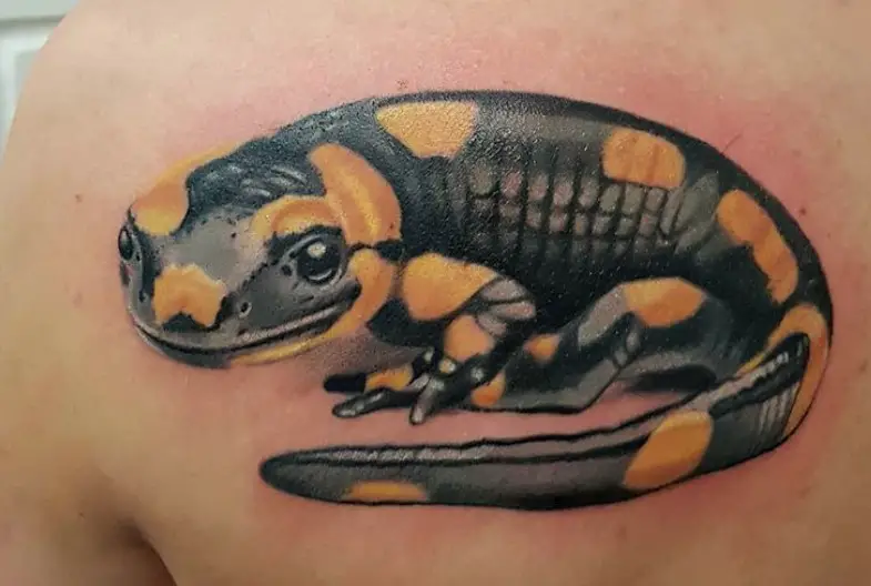 Lizard with black and mustard color print Tattoo on the back