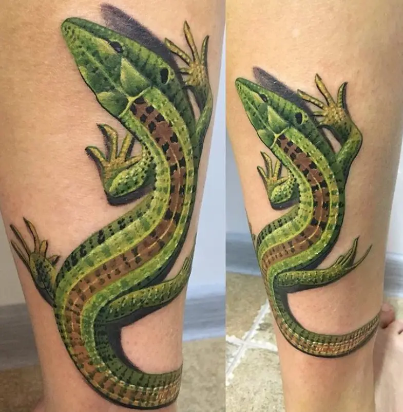 green and brown colored Lizard Tattoo on the leg