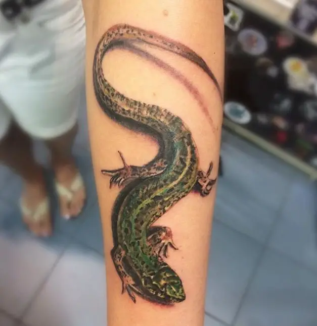 realistic green Lizard Tattoo on the arm